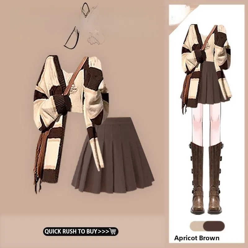 

Vintage V-Ne Knitted Sweater And A-Line Skirt Set in Contrasting Stripes Autumn Faion College Sle Long Sve Woolen