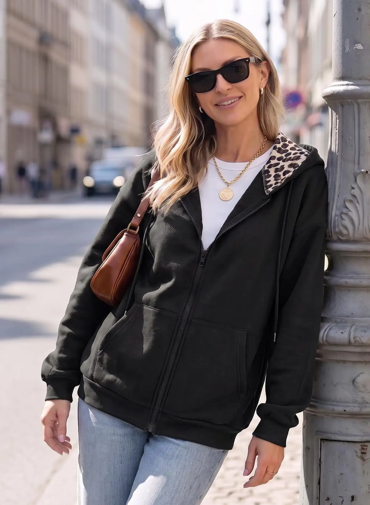 Women's Full Zip Hoodie with Leopard Hood Lining Oversized Long Sleeve Jacket Winter Warm Fleece Lined Sweatshirt Streetwear