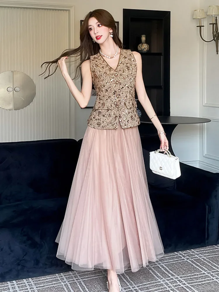 Woman Outfit Luxury Sequins Vest Top + Long Skirt Set Conjunto Feminino 2025 Spring Summer French Small Fragrant 2 Piece Sets