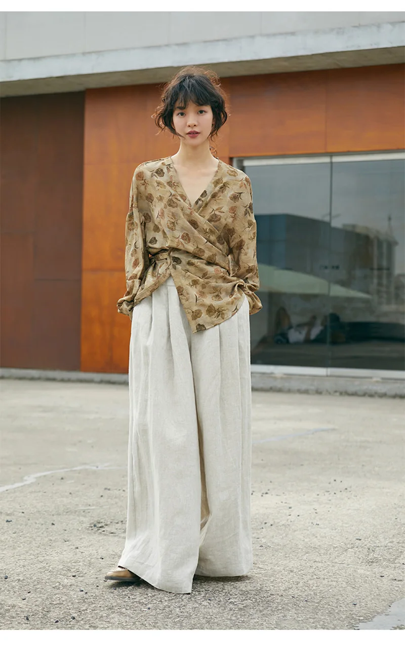 سراويل Fengbaoyu الراقية 100% من الكتان الخالص للنساء عالية الخصر بطول الأرض - سراويل كاجوال بسيطة وأنيقة وفضفاضة