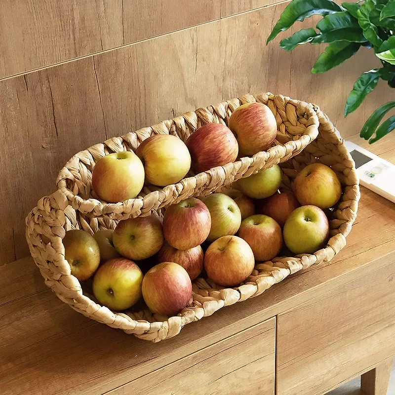Handmade Water Hyacinth Double Layer Fruit Basket Natural Woven Storage Rack for Living Room Bathroom Kitchen Organizer Shelf