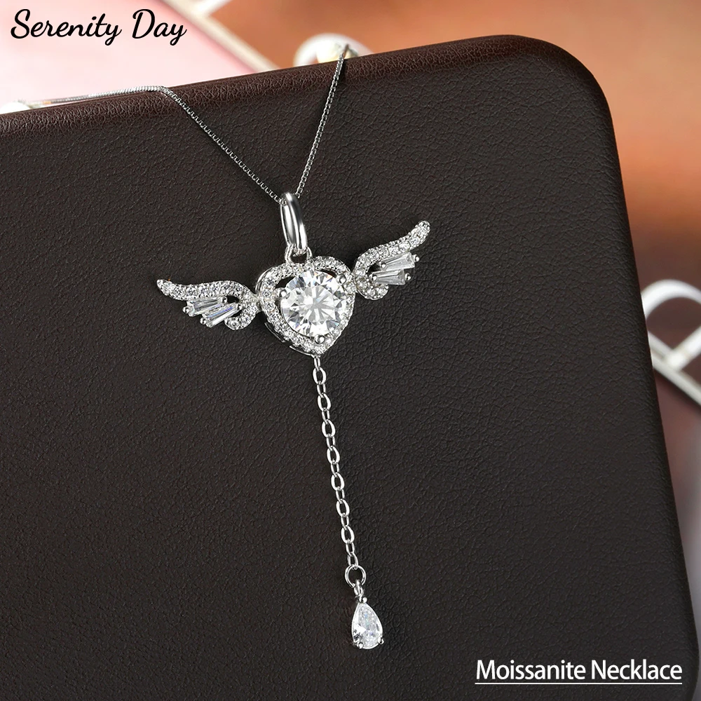 

Ожерелье Serenity 1 карат D цвета с муассанитом для женщин, подарок, 100% стерлинговое серебро 925 пробы, сверкающий бриллиант, кулон с ангелом, цепочка на шею