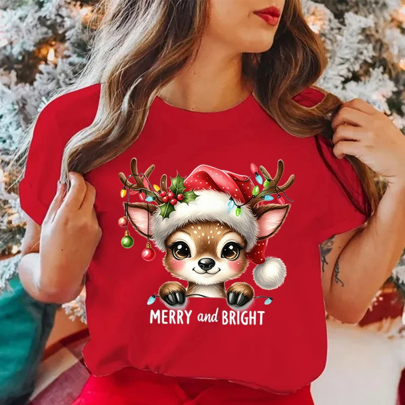 Kaus rusa Natal, atasan leher bulat lengan pendek kasual uniseks, kaus modis musim panas dan wanita, kaus rusa Natal