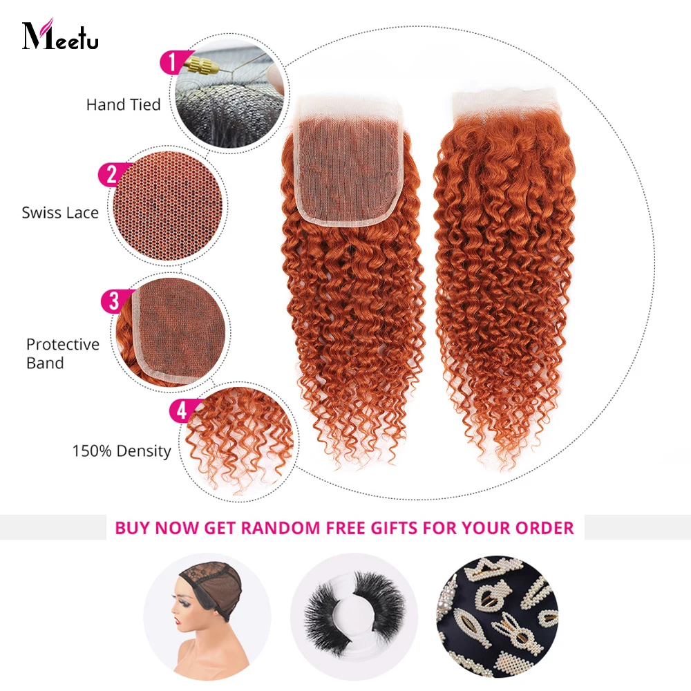 Ginger Kinky Curly Bundles With Closure 4x4 Inch Colored Human Hair Bundles With Closure Free Part 3/4 Bundles With Closure