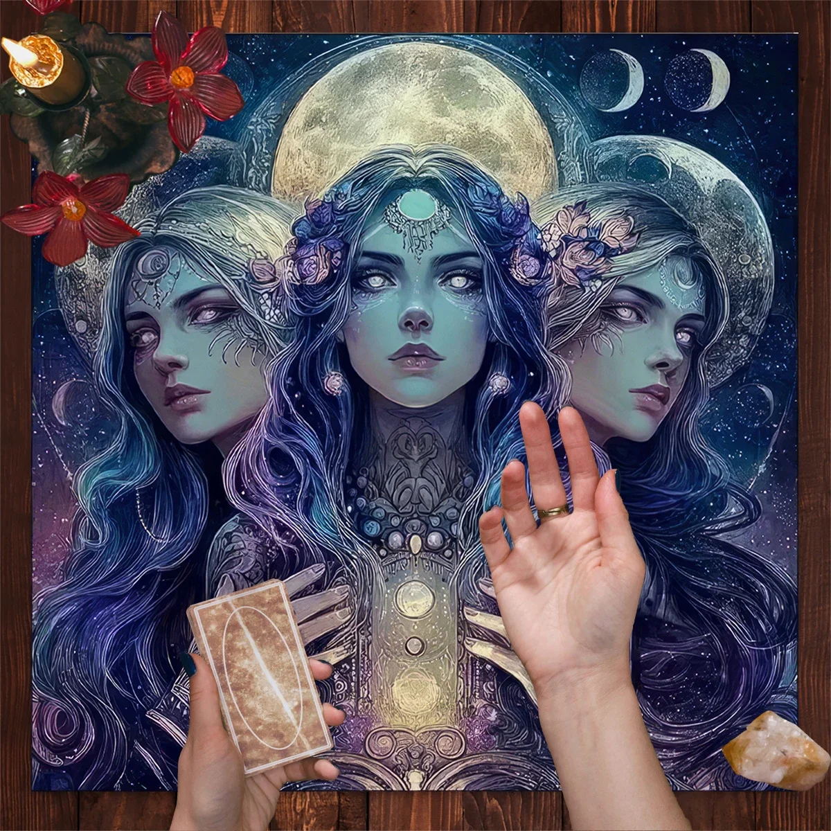 50/75/110/137cm Mystical Moon Phase Cosmic Goddess Tarot Tablecloth Altar Cloth Divination Celestial Witchcraft Tarot Mat