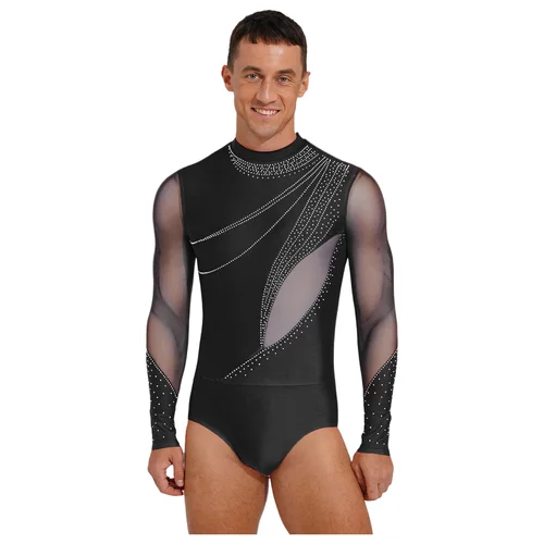 Imagen 2 del producto Leotardos de gimnasia para hombre, patinaje artístico, baile de salón latino, traje de leotardo de Ballet de malla con diamantes de imitación brillantes, mono
