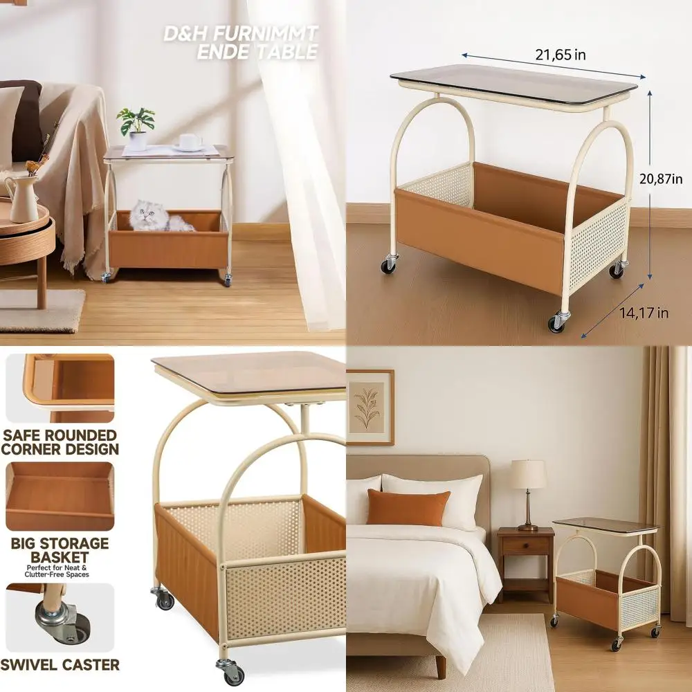 

Glass Top 2-Tier Rolling Side Table with Storage Basket, Mobile End/Coffee Table for Living Room, Bedroom, Kitchen, Balcony - Br