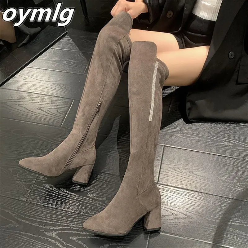 2022 autumn and winter new retro pointed toe thick heel all-match high-top knight boots women's mid-heel knee-length thin boots