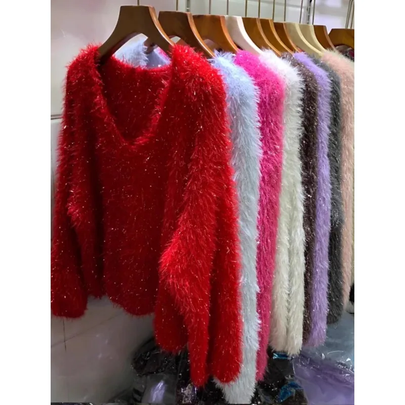 Shiny Silk V-neck Pullover Red Sweater Woman Winter Loose Thickened Soft Imitation Mink Integrated Fluff Red Knitted Sweaters