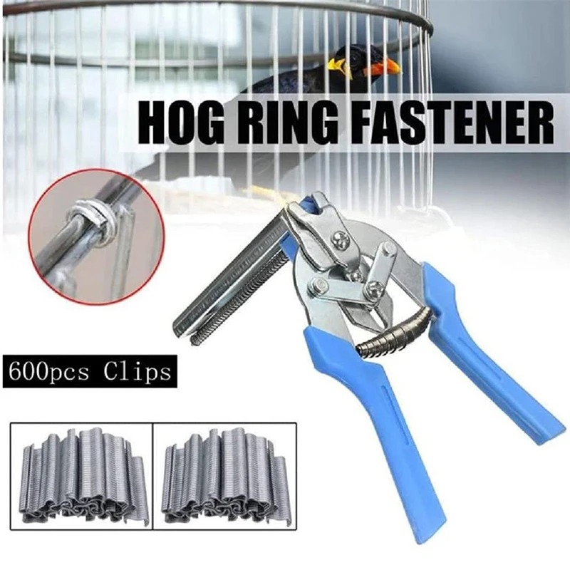 Animal Cage Hog Ring Pliers Tool and 600pcs M Clips Staples Chicken Mesh Cage Wire Fencing Caged Clamp