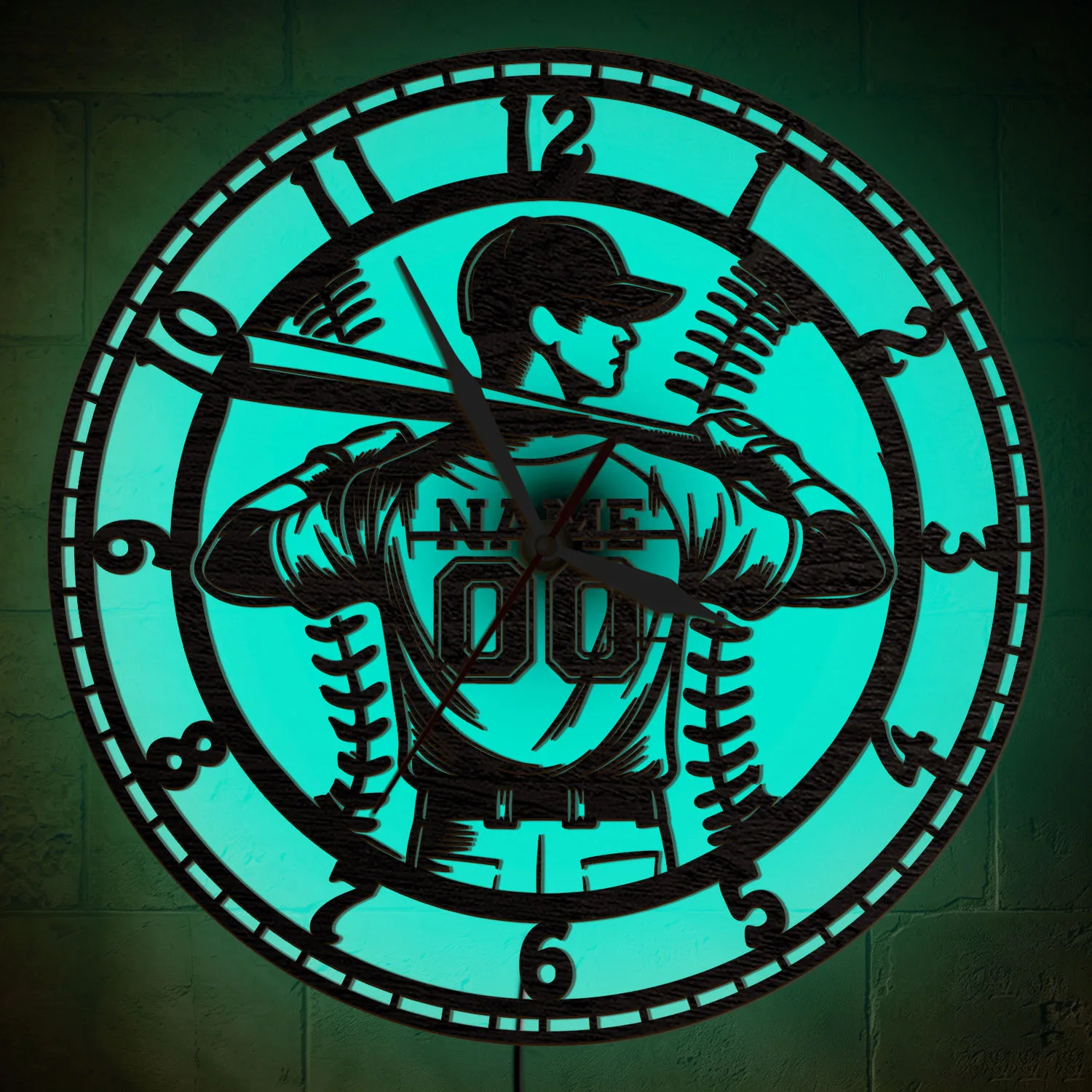 Personalized Baseball Player Name Number Wooden Wall Clock with LED Backlight Custom Wall Clock For Man Cave Teen Boys Bedroom