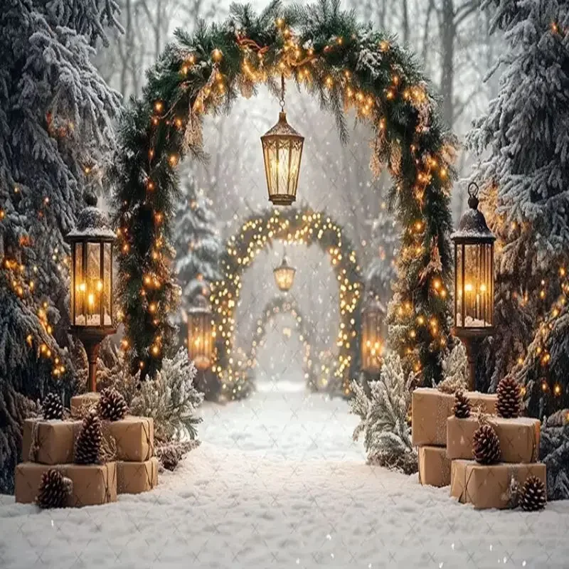 VIKAMA Photography Background Christmas Snowy Arch Lantern Gift Backdrop for Party Birthday Photo Booth Home Decor