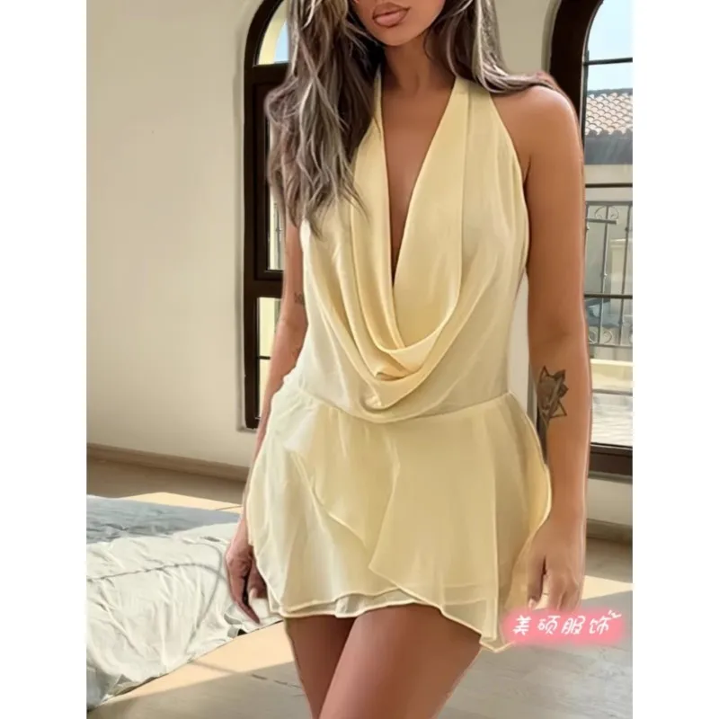 여성 여름 미니 드레스 패션 솔리드 민소매 섹시 백리스 로우 체스트 V넥 홀터 드레스 캐주얼 스트리트웨어 여성 베스티도스
