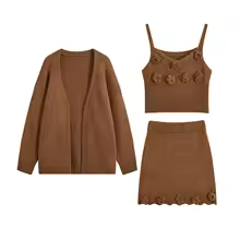 Womens Matching Sets 3-Piece Floral Knit Cardigan Camisole Skirt - Brown