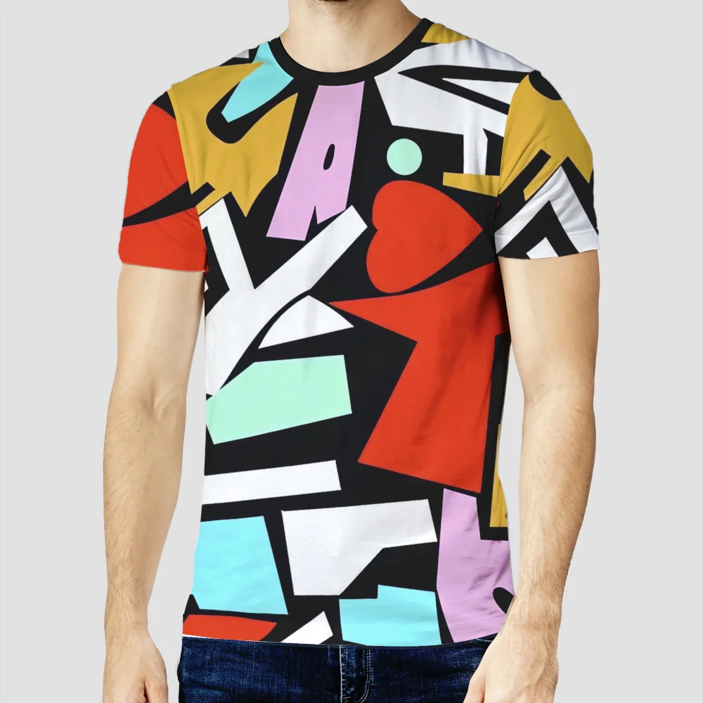 

Men's personality trend simple abstract splicing 3D printed short sleeved top summer street fashion hot T-shirt men's clothing