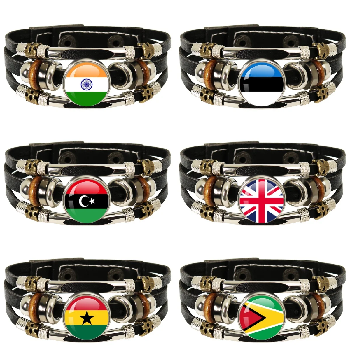 Brazalete de Cuero Negro con Bandera Nacional de Trinidad, Sierra Leona, Jamaica, Guyana, Ghana, Reino Unido, Libia, India, Joyería Multicapa Tejida a Mano
