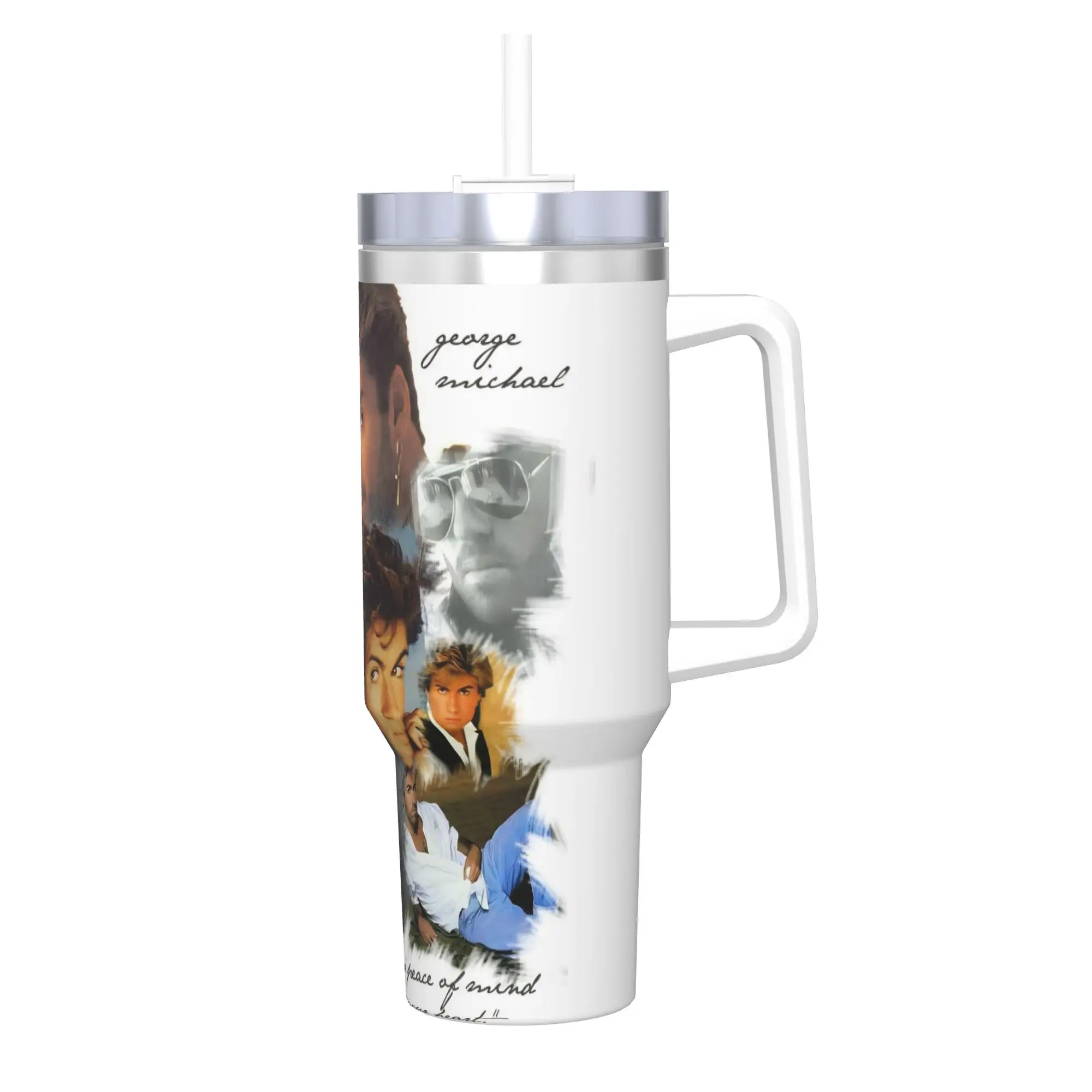 Vaso Térmico Aislado al Vacío de 40oz George Michael Singer Legend con Tapa y Popote, Taza para Álbum Musical, Botella de Agua, Vaso de Viaje Duradero