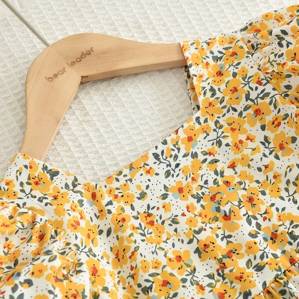 Summer New Korean Version Girl Flower Print Square Neck Bubble Sleeve Princess Dress Party Birthday Children's Casual Clothes image 5
