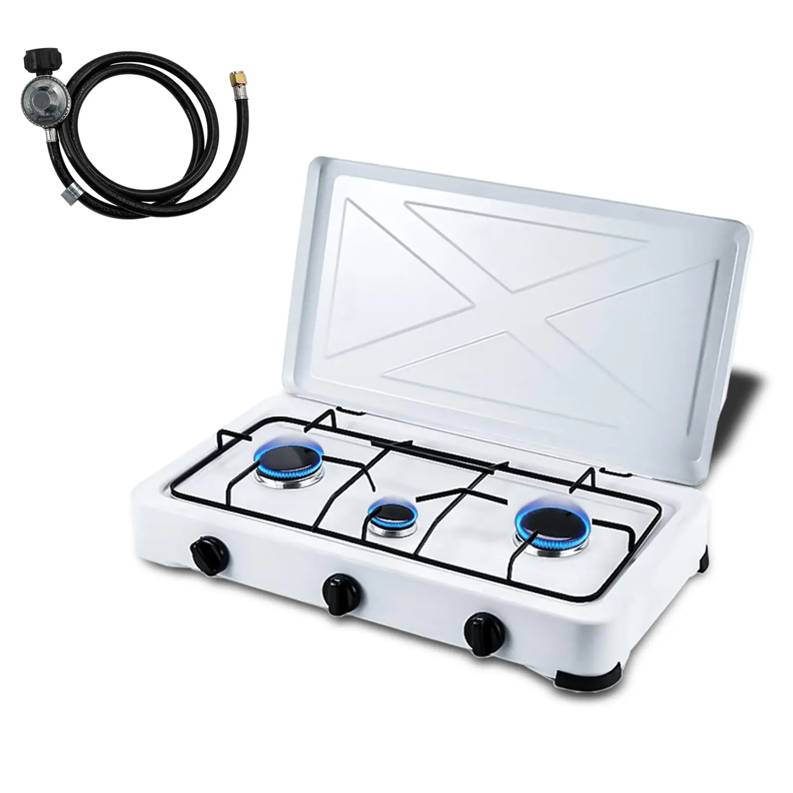 

Dyrabrest 3 Burner Portable Propane Gas Stove 24 Inch Lpg Camping Cooking Cooktop Heavy-Duty Burners with Hose for Outdoor Grill