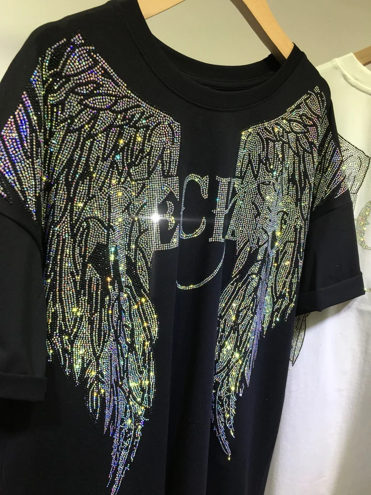 คนอ้วนขนาดใหญ่สวมใส่ปีก Rhinestone ยุโรปแขนสั้นความยาวกลางฤดูร้อนหลวม POP TOP เสื้อยืดแขนสั้นผู้หญิง