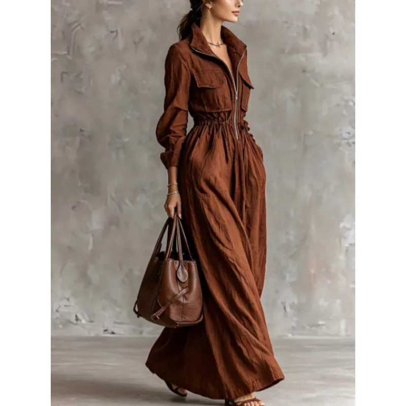 2026 New Women's Autumn/Winter Work Dress Solid Color Collar Casual Waist Versatile Simple Daily Commuter Long Fashion Vestidos