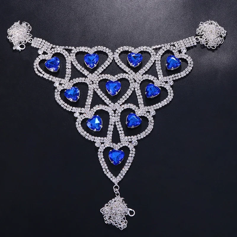 Sexy Rhinestone Blue Heart Body Chain Set Lingerie Jewelry Outfit Women Underwear New 2022 Fashion Bra Chest Chain and Thong Set
