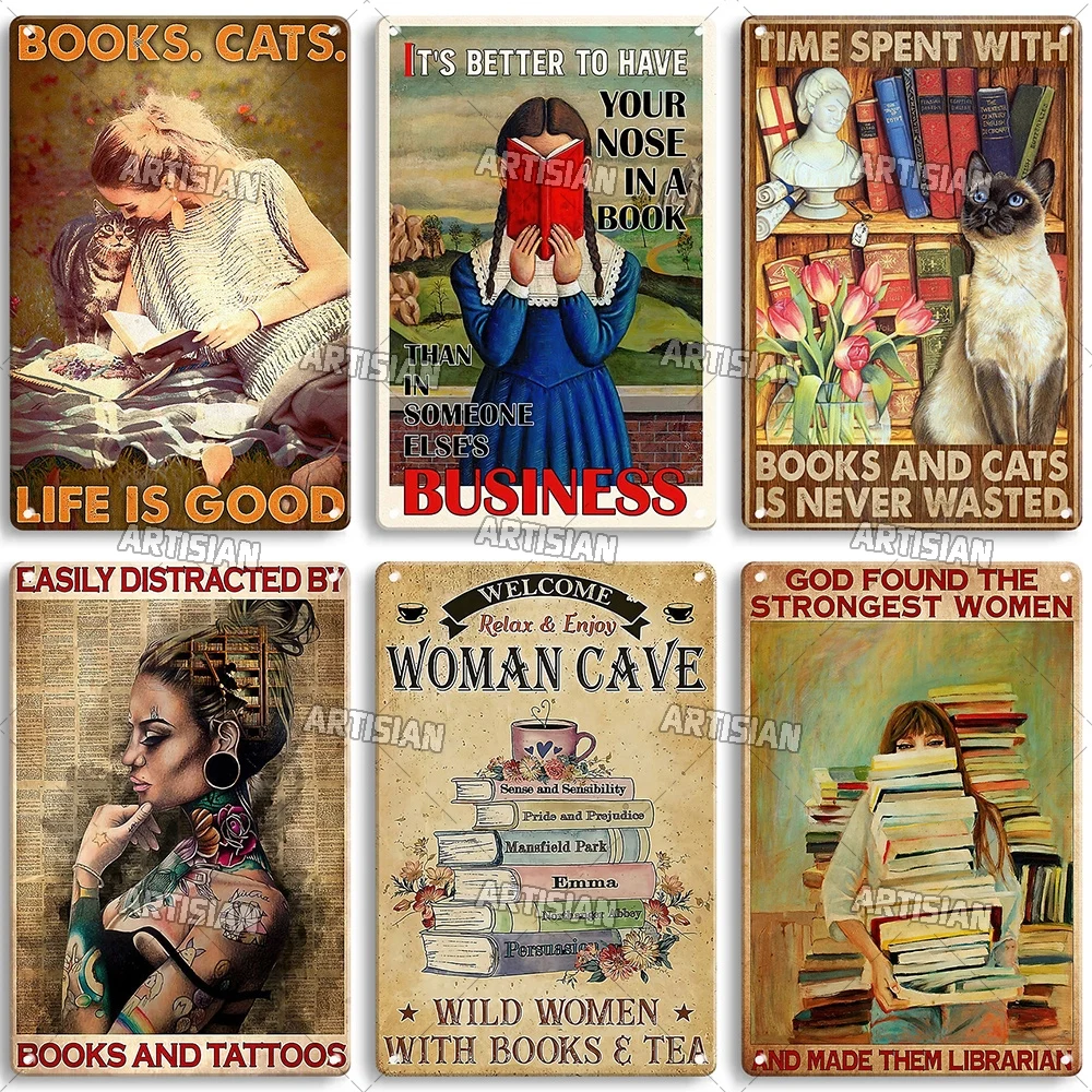 Artisian Girl Loves Books Metal Sign Reading Tin Poster Read Book Decorative Plate Wall Decor Garage Bar Pub Club Hotel Kitchen — zdjęcie 3