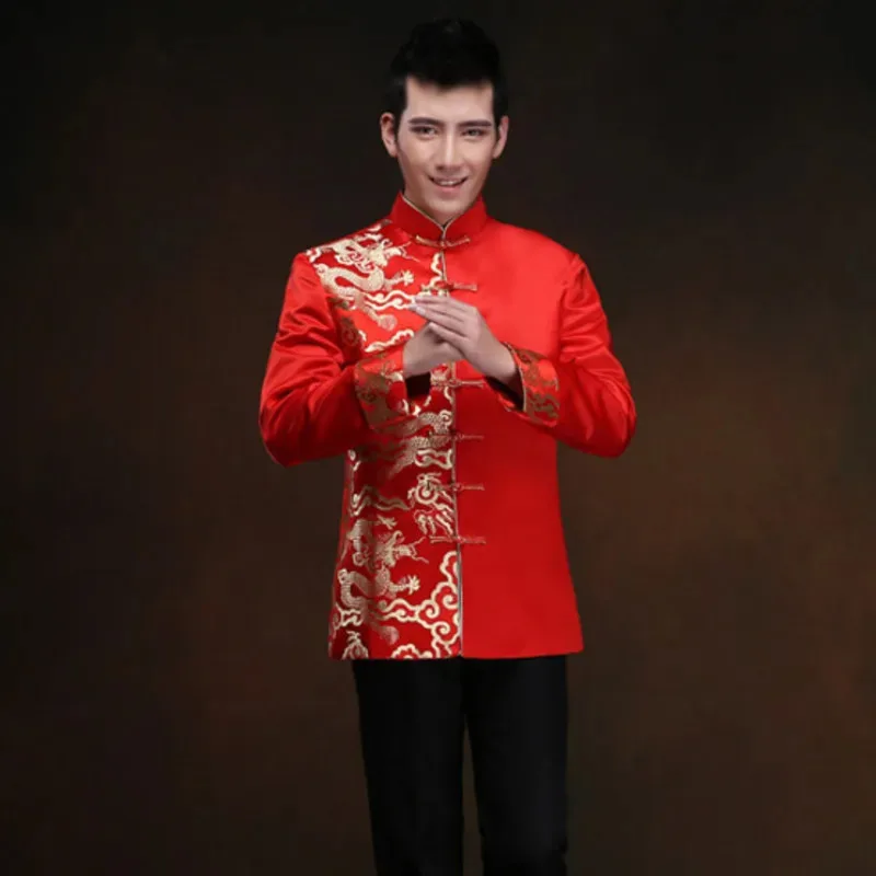

qa156красная туника, традиционная мужская восточная мужская одежда, шанхайский Cheongsam, топ, свадебный китайский костюм Тан для мужчин