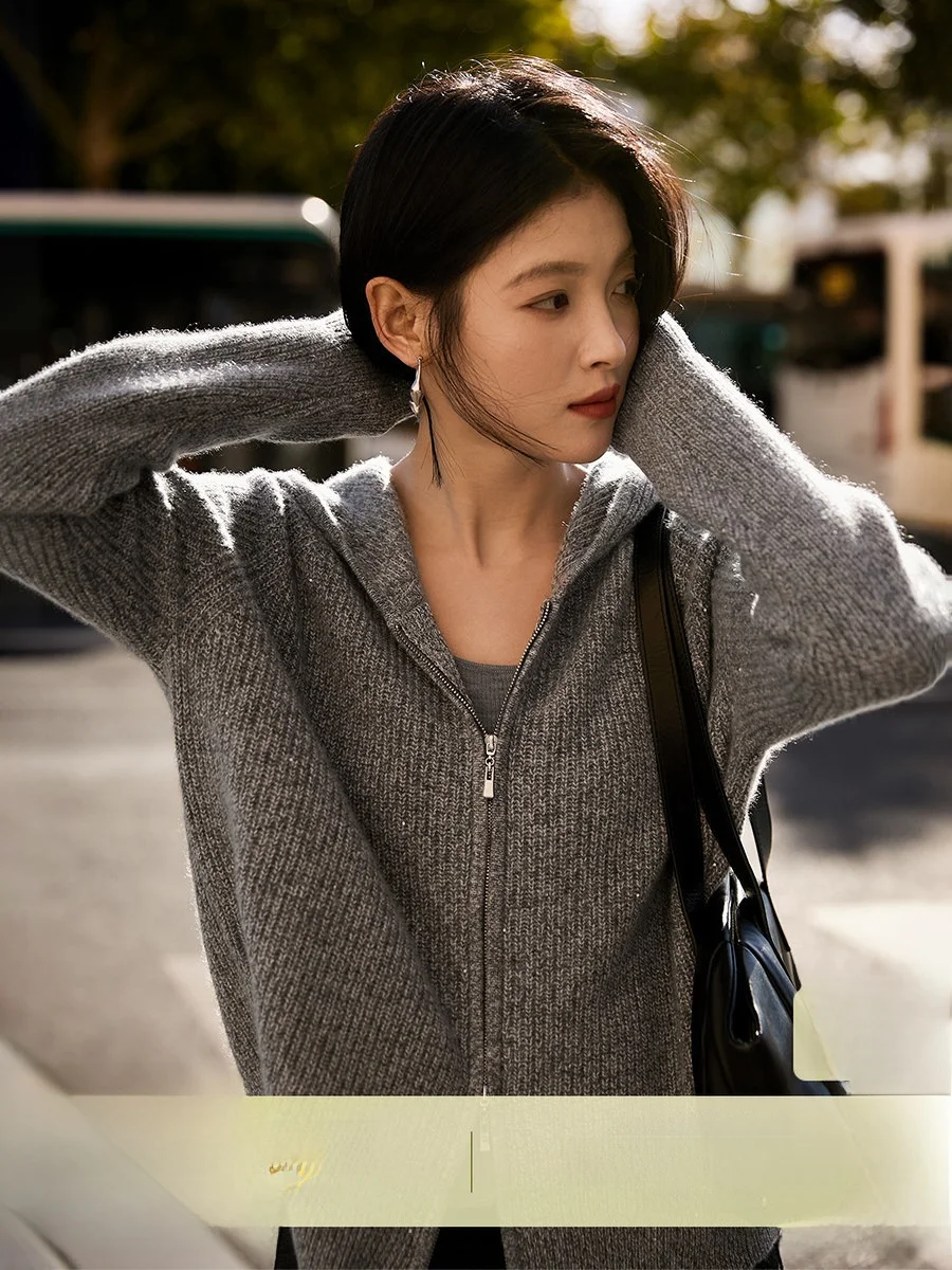 

Organic Camere Knitted Jaet Zipper Hoodie Women's Soft Comfortable Long Sve Warm Coat Straight Cut Commute Sle