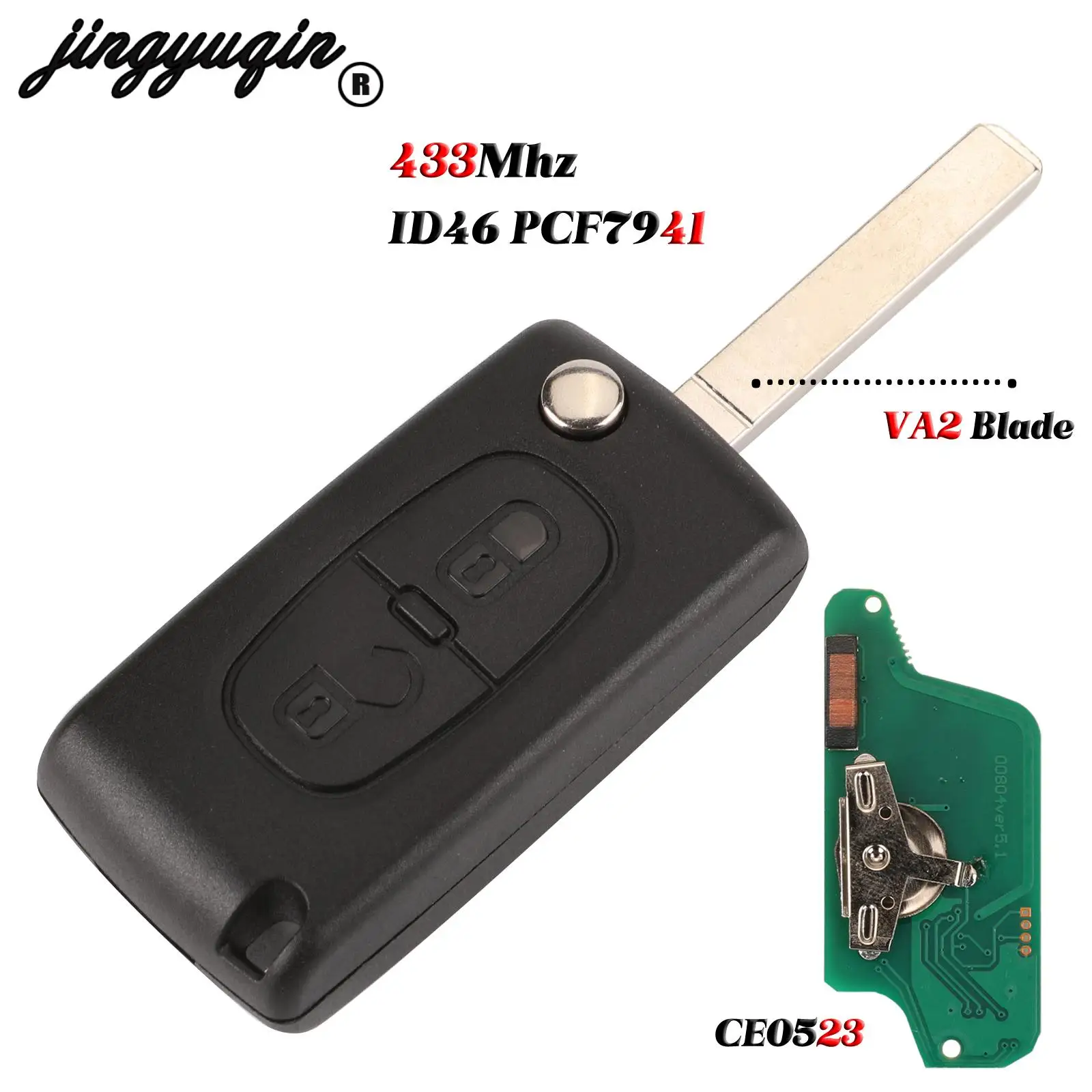 jingyuqin 2 Buttons For Peugeot 207 307 Smart Car Remote Key Fob ID46 Chip ASK 433MHz PCF7941 Chip VA2 Blade CE0536