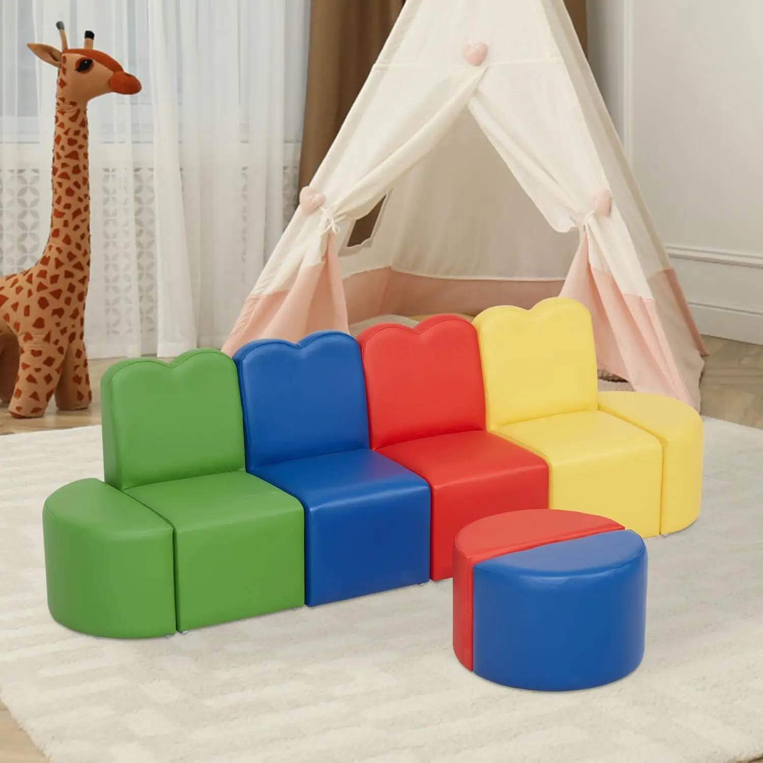 8pcs Kids Sofa Seating Set - Convert to Table and 4 Chairs Colorful Stools for Toddlers, Daycare Kids Furniture Modular Sofa S