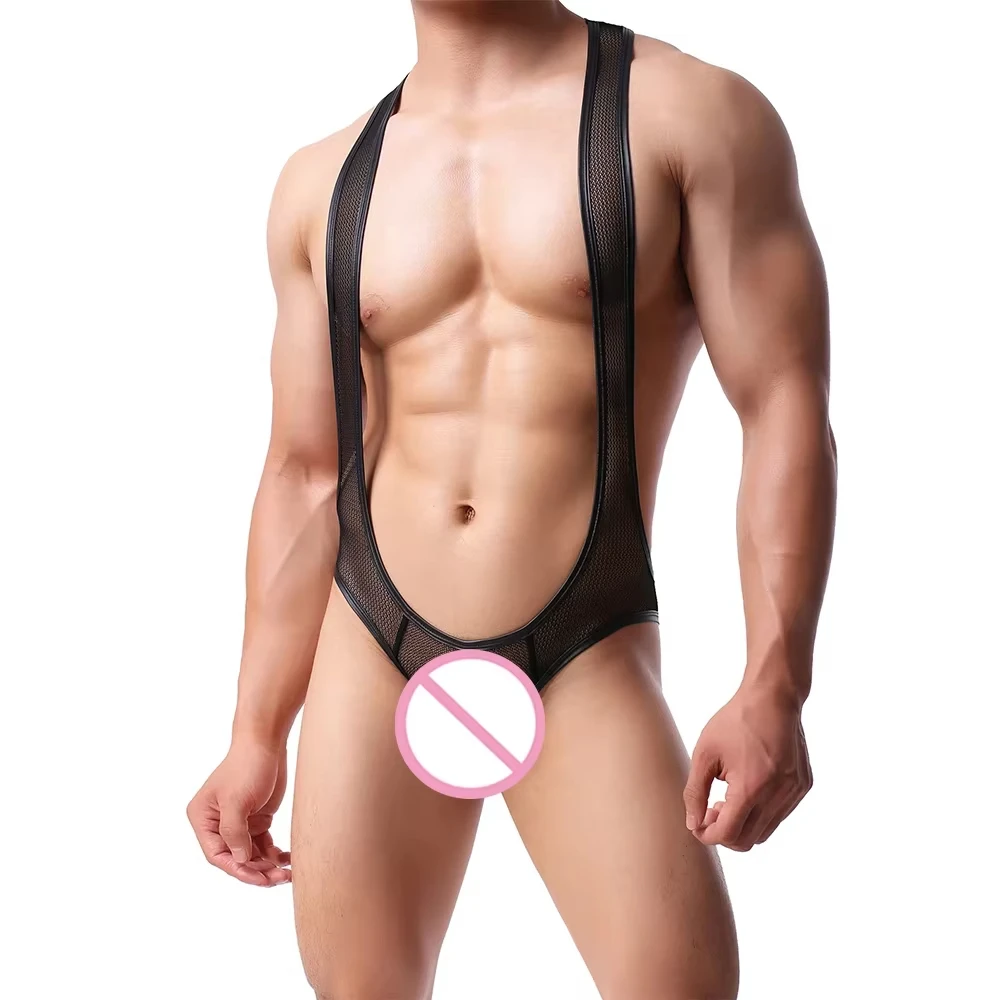 ผู้ชายโปร่งใสตาข่ายเปิดก้น Thongs Bodysuits Jockstrap มวยปล้ําเสื้อกล้าม Jumpsuits ดูผ่านชุดชั้นในเร้าอารมณ์ชุดชั้นใน