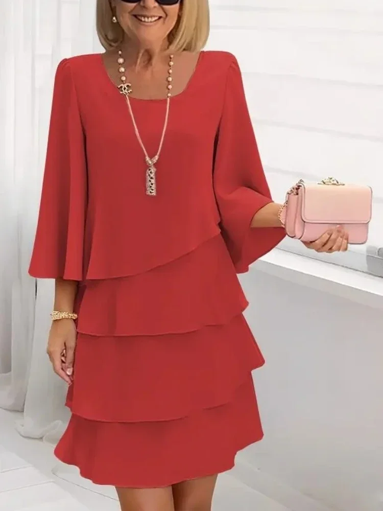 Spring Summer Women's Fashion Cake Skirt 3/4 Bell Sleeve Temperament Loose Crewneck  Women Dress Tiered Layered Flowy Dresses