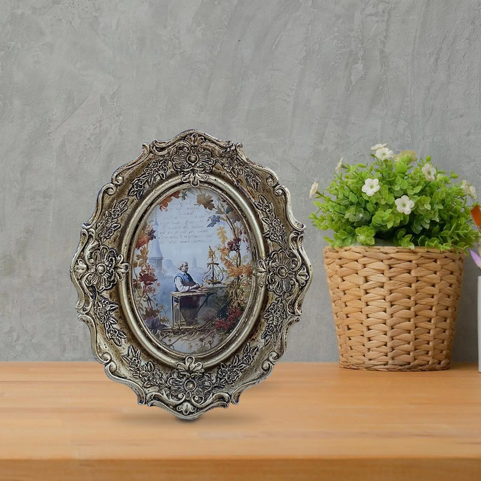 Picture Frame Room Oval Retro Desk DIY Elegant Antique Picture Display Photo Holder for Bedroom Holiday Table Hallway Party