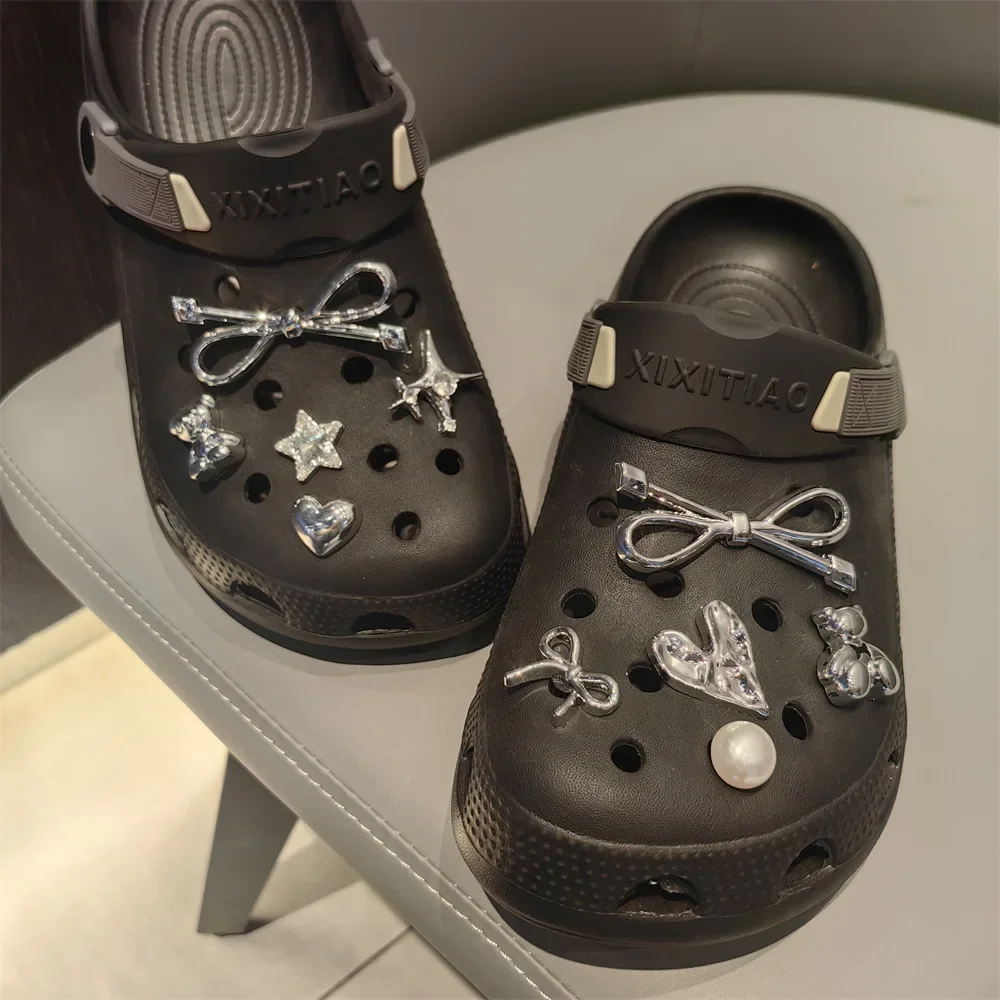 Set DIY Bow Star Pearl Shoe Decorations Silver Advanced Black White Dot Shoe Charms Detachable Buckle Shoes Accessories 1 Set image 5