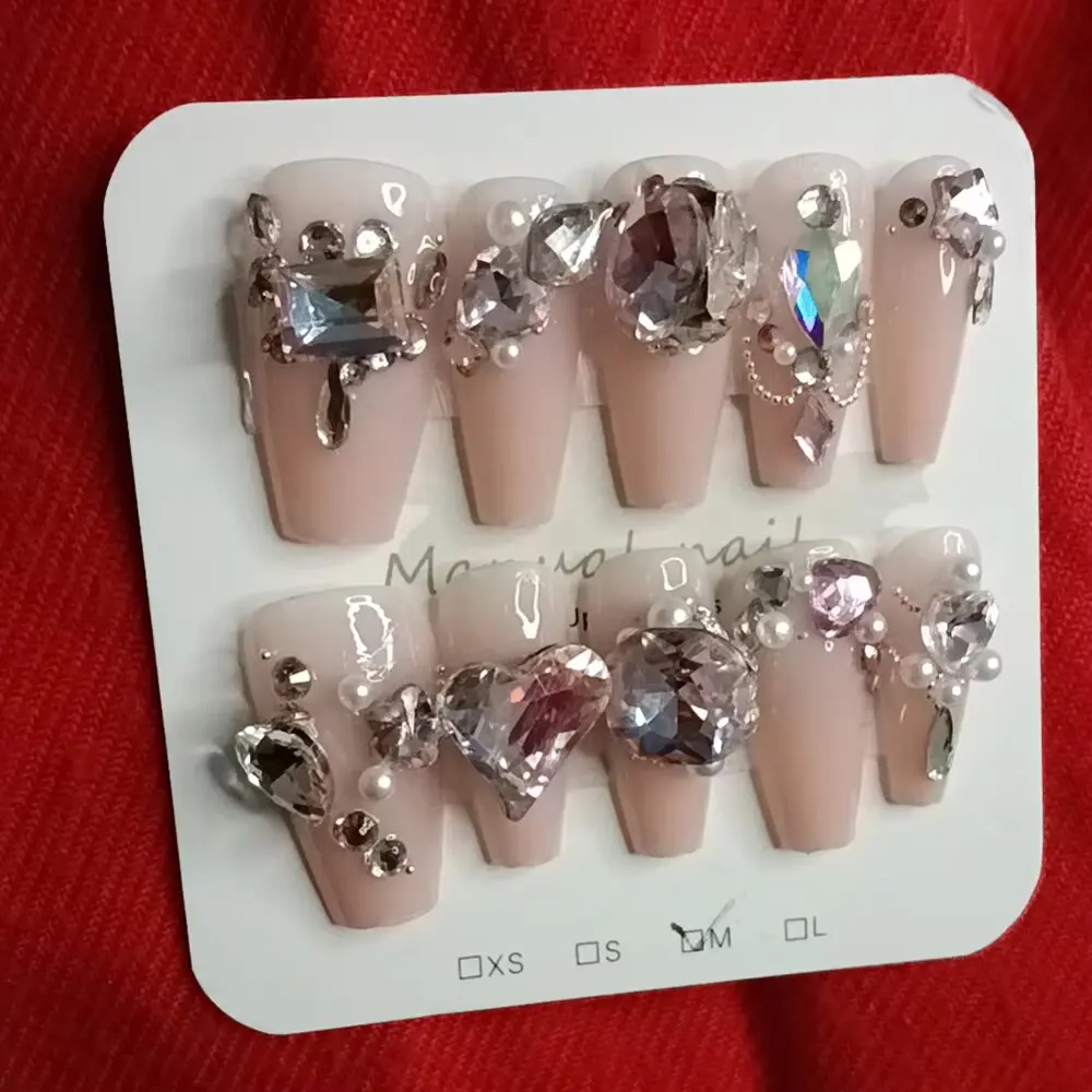 Elegante rosa strass imprensa em unhas brilhante glitter unhas falsas com decoração de pérola para festa de casamento moda diária