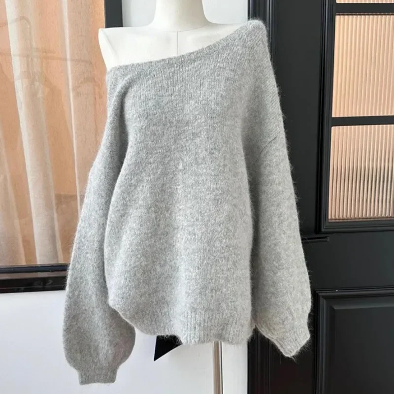 Kimotimo Sexy Backless Bow Sweater Women Autumn Winter Lazy Loose Long Sleeve Knitted Pullover Fashion Design Sweet Top Jumper