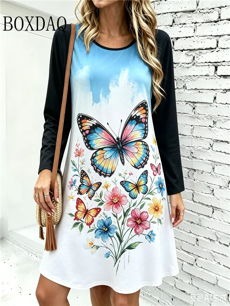 2026 New Women's Fashion Long-Sleeved Dress Floral Butterfly Pattern 3D Printing Home Dresses For Everyday Wear Casual Outfits