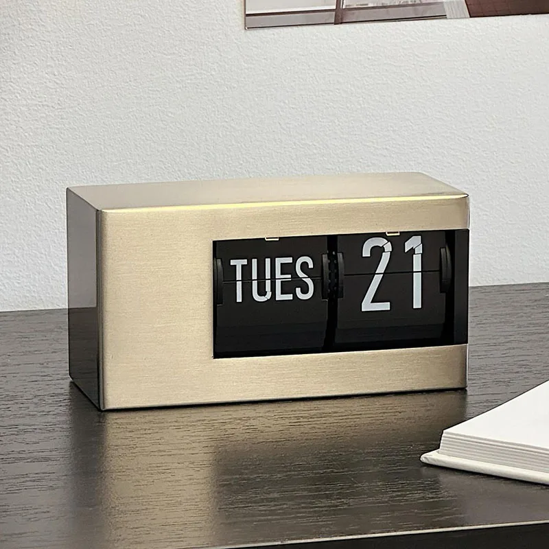 

European Style Table Clocks with Calendar Mechanical Page Turning Clock Retro Desktop Clock for Home Living Room Office Decor