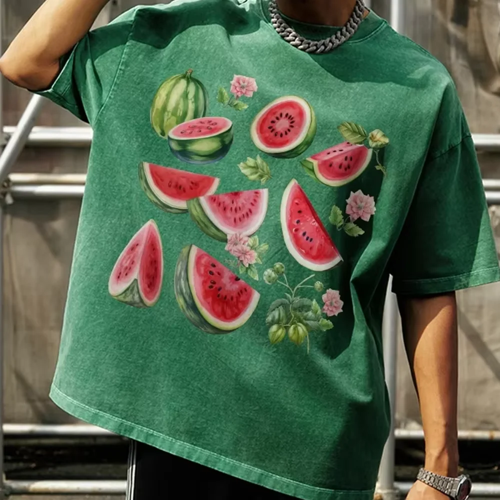 

Cartoon Watermelon Fruit Print Women's T-Shirt Loose Fashion Wash Short Sleeve Summer 2024 Unisex Casual Top Tee