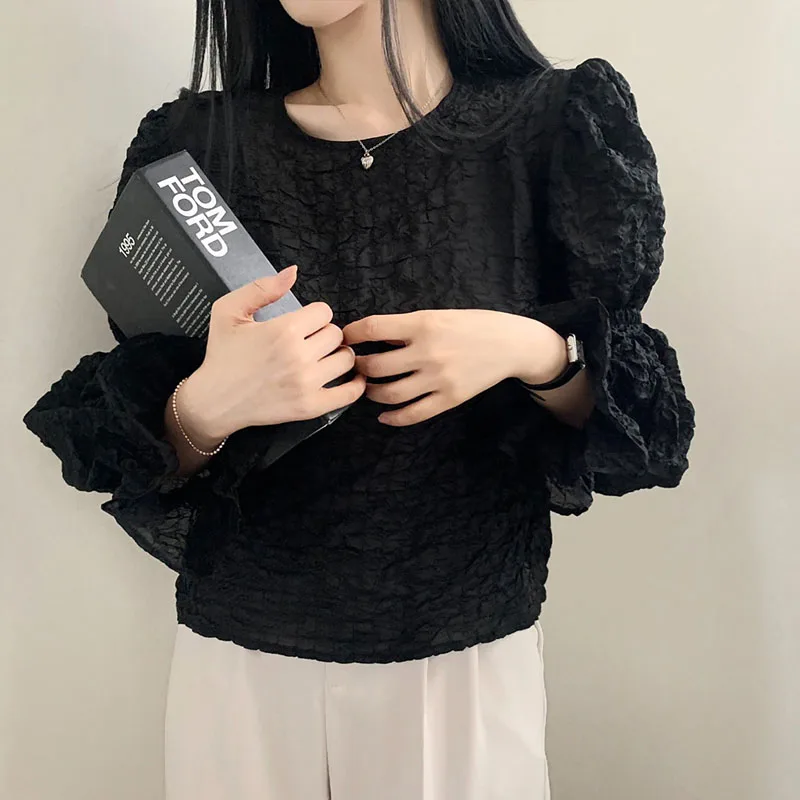 

Chic White Bubble Sve round Ne Lantern irt Women's Top Spring 2023 New Arrival Korean Sle Commute Pure Color ort