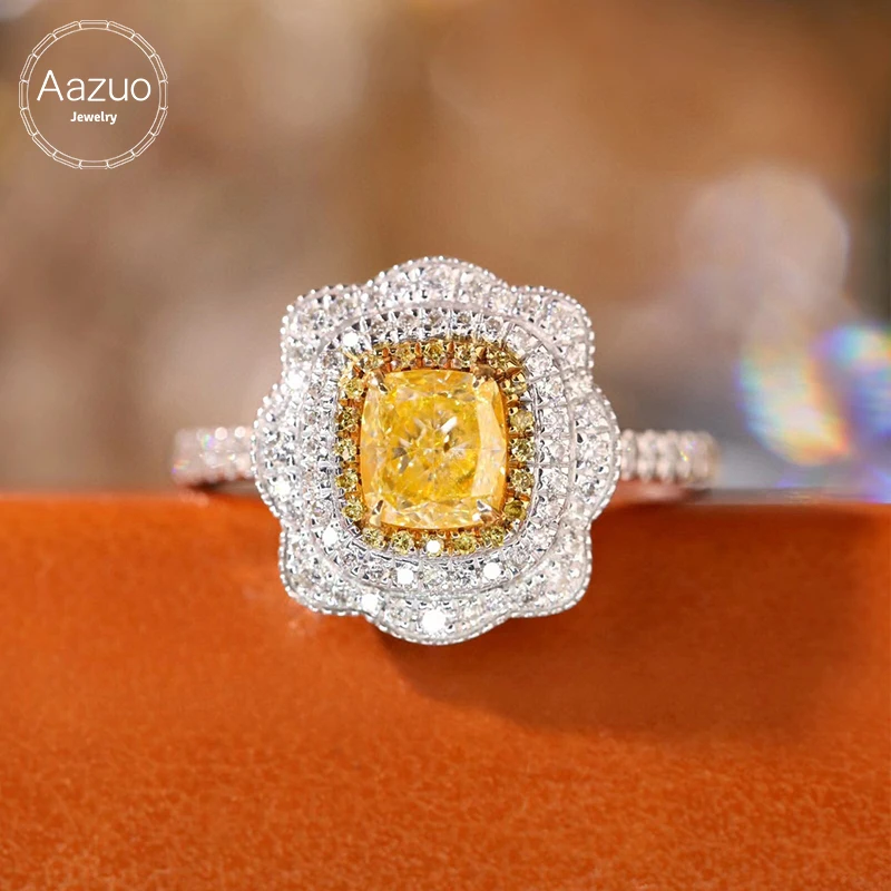 Aazuo Real Yellow Diamonds White Diamonds 18K Gold Square Flower Ring Upscale Trendy Senior Party Senior Customize  Fine Jewelry