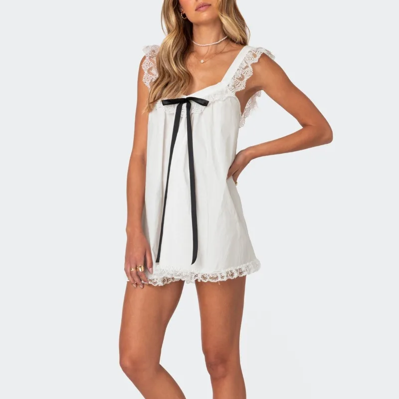 Damska sukienka mini na wakacje, długa, seksowna, luźna, z falbankami, z haftem koronkowym, smockowana w talii, na imprezę, linia A, 2025