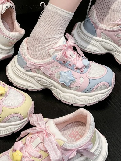 

Japanese College Style Color Patchwork Bow Sneakers Women Lolita Sweet Girls Thick Sole High Heels Daily Versatile Mesh Sneakers