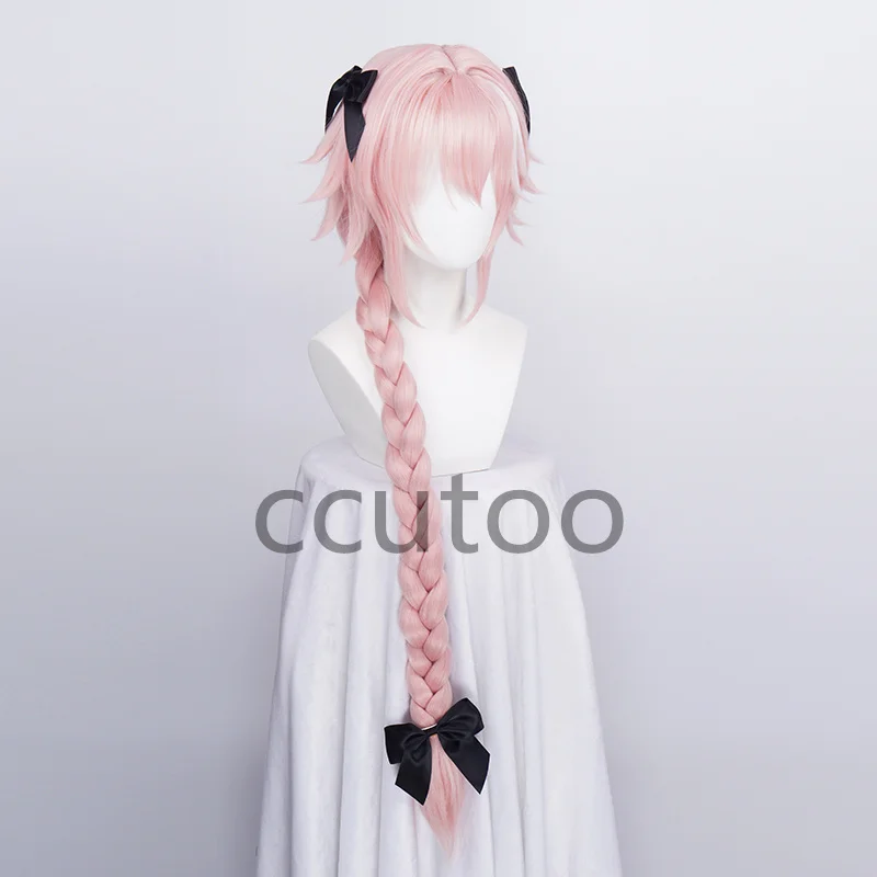 Wig Cosplay Game Fate Apokriph Astolfo Rambut Sintetis Tahan Panas Merah Muda Panjang Peran Halloween + 3 Buah Hiasan Kepala Hitam