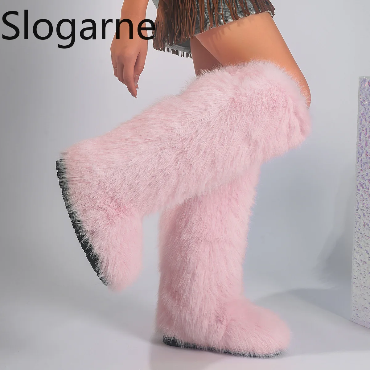 Women New Faux Fox Fur Long Boots Knee High Light Colour Fur Snow Boots Ladies Platform Push Shoes Drop Shipping Winter Shoes