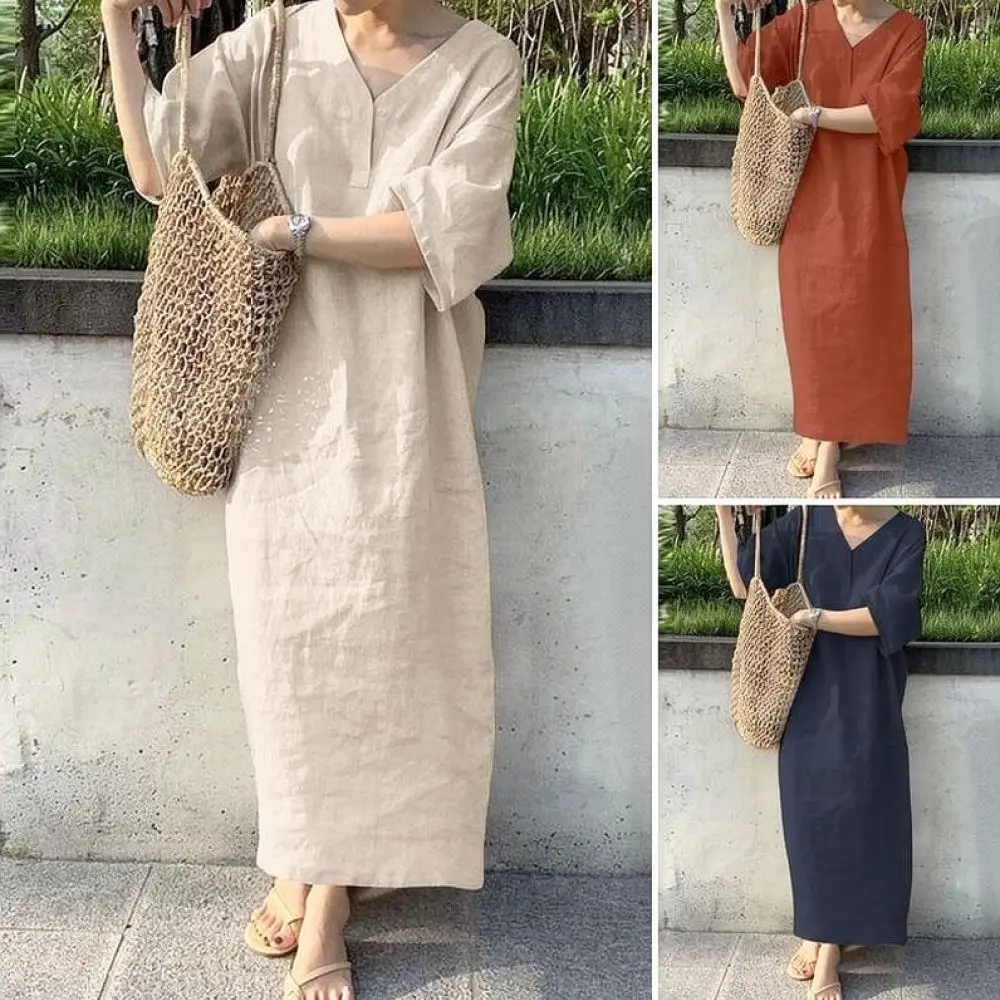 Summer Womens Maxi Dress Cotton Linen Blend V Neck Short Sleeve Loose Casual Solid Color Elegant Plus Size Breathable Clothing