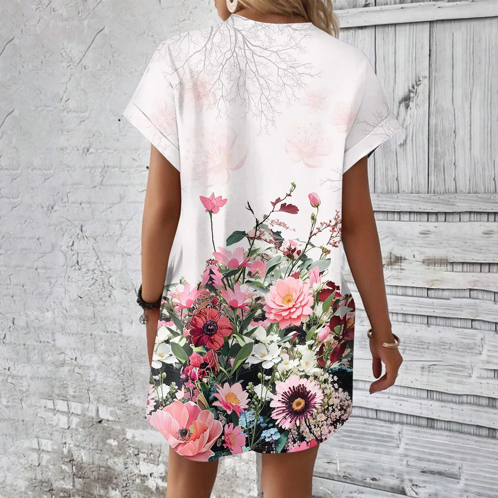 فستان قميص بأكمام قصيرة للنساء ، كنزة صوفية ضيقة ، تنورة صغيرة مطبوعة فضفاضة ، تي شيرت عصري ، الصيف #5