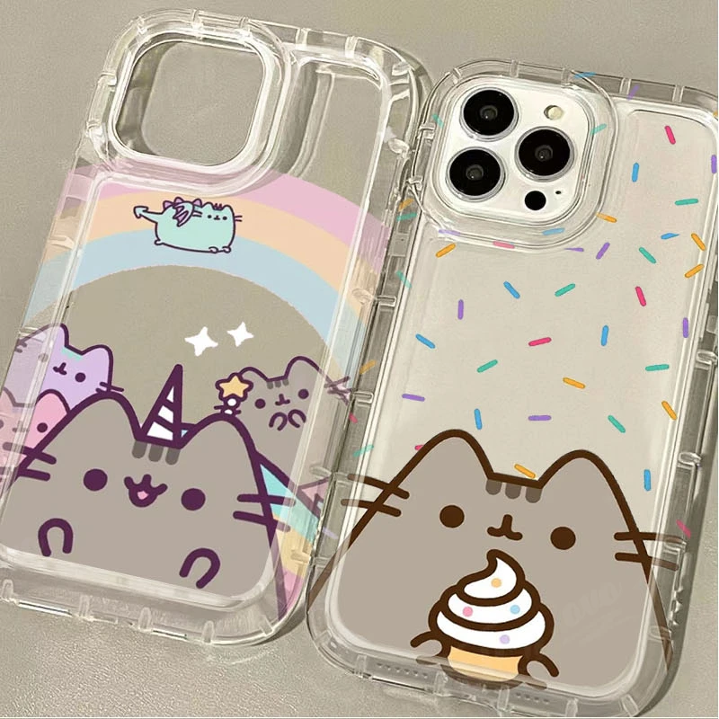 Cartoon Pusheen Cat Clear Phone Case For iPhone 16 15 14 13 12 11 Pro Max XS X XR 8 7 Plus SE 2020 Silicone Shockproof Cover