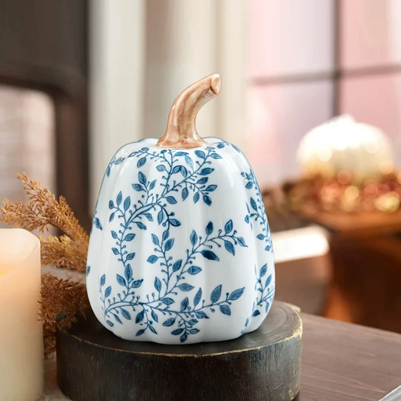 Hand Drawn Rural Pumpkin Ceramic Sculpture Ornament, Blue and White Porcelain Vase, Living Room Desktop Foyer Home Decoration